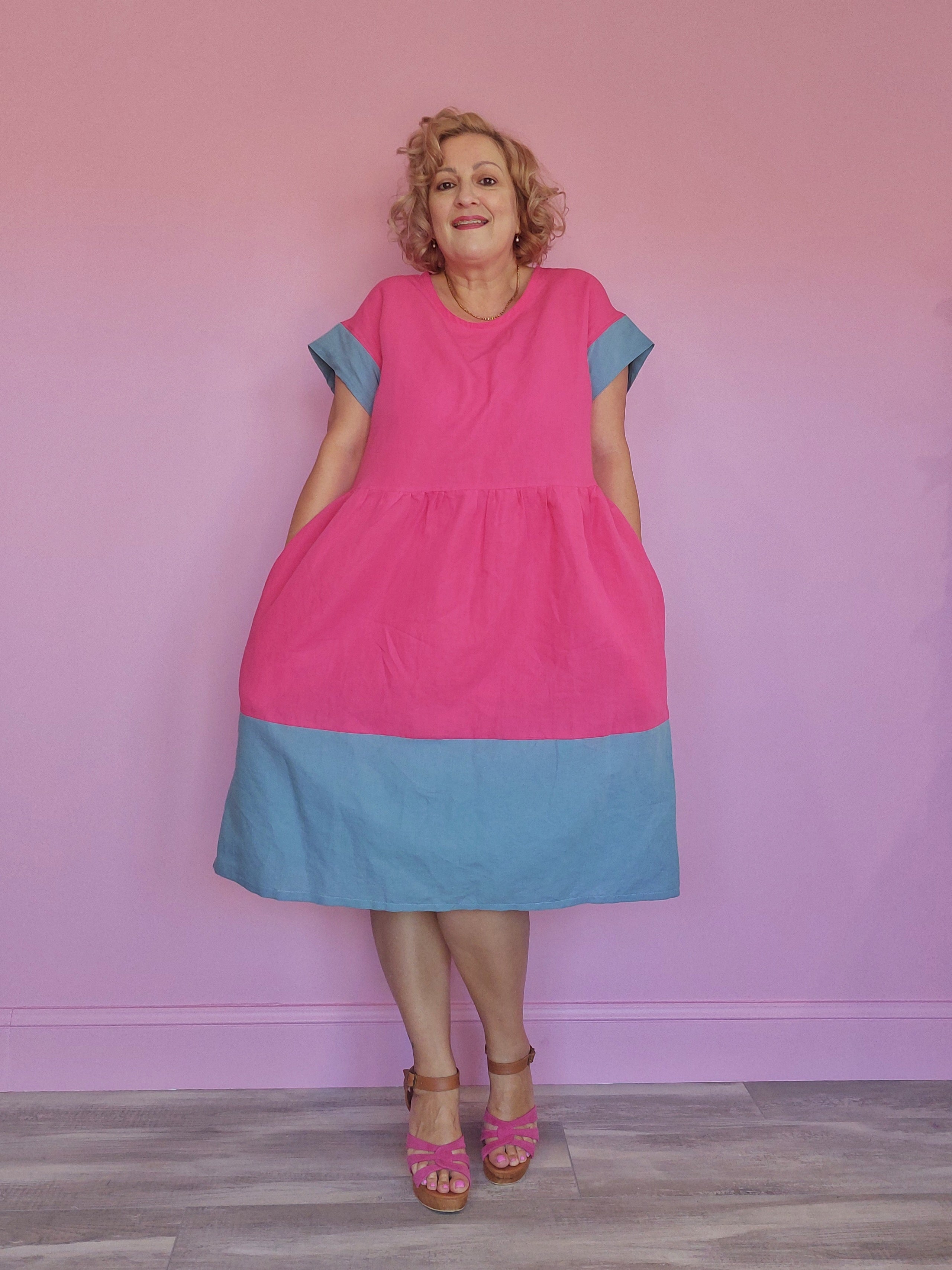 Nelly Wade Colour Block Dress in Hot Pink & Duck Egg Blue