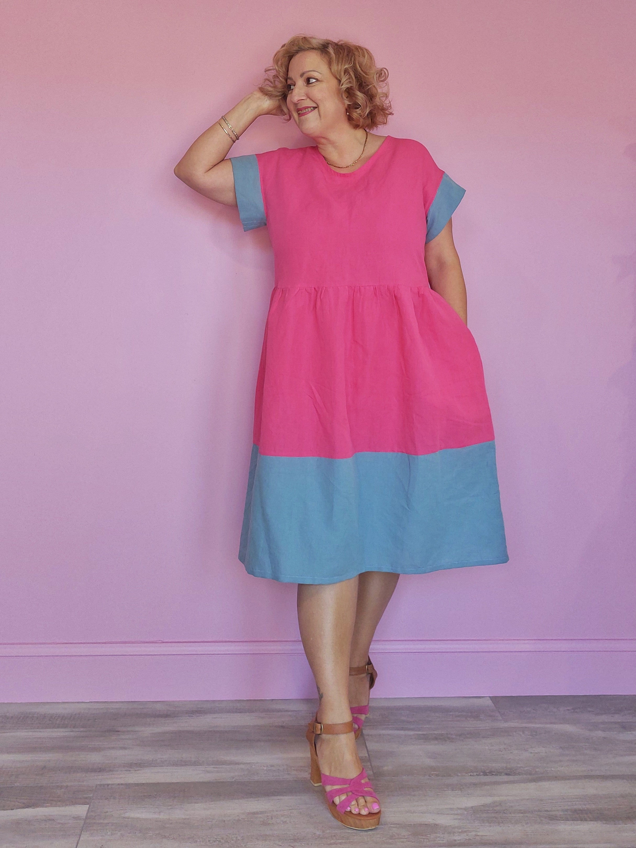 Nelly Wade Colour Block Dress in Hot Pink & Duck Egg Blue