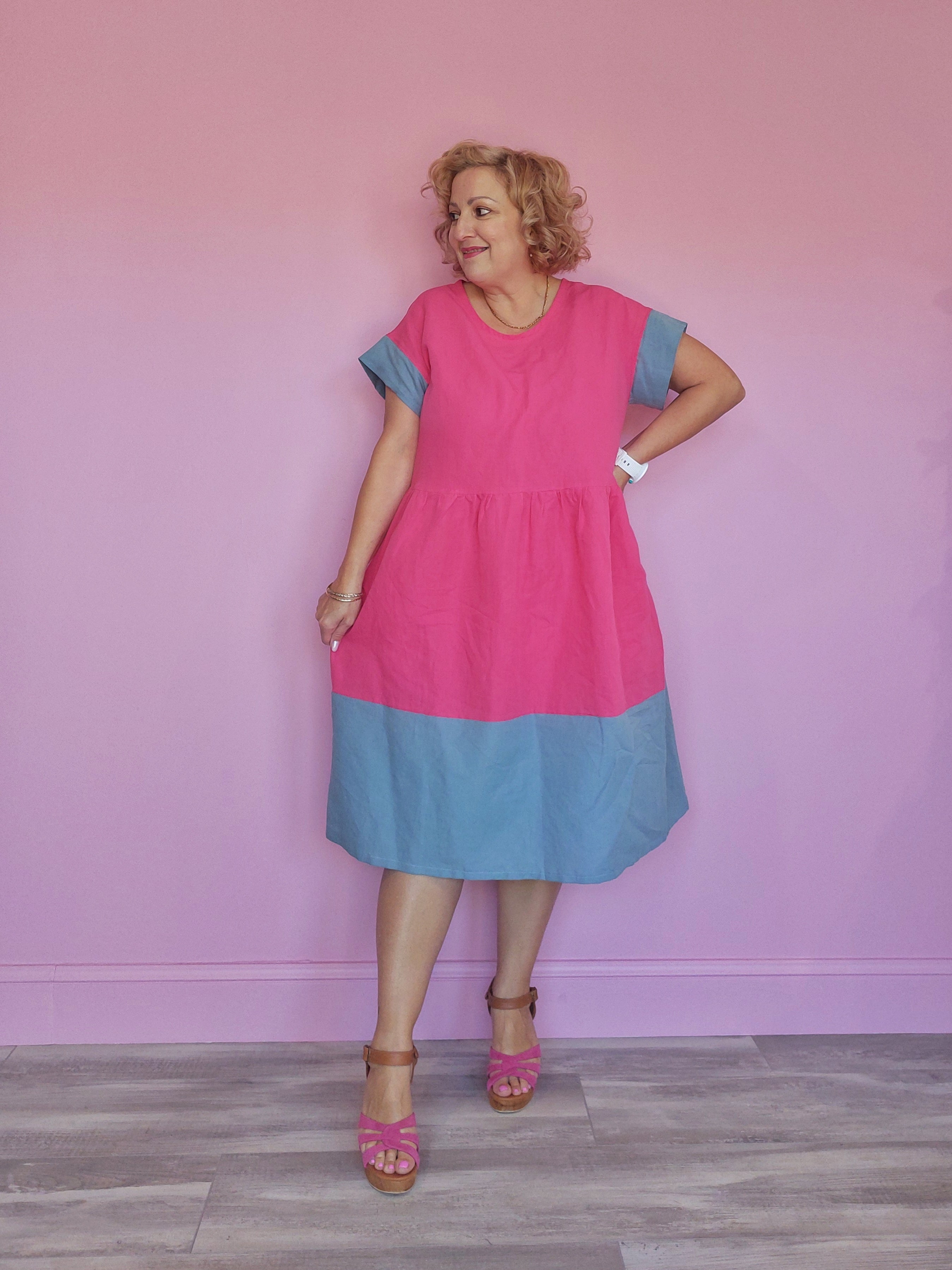 Nelly Wade Colour Block Dress in Hot Pink & Duck Egg Blue