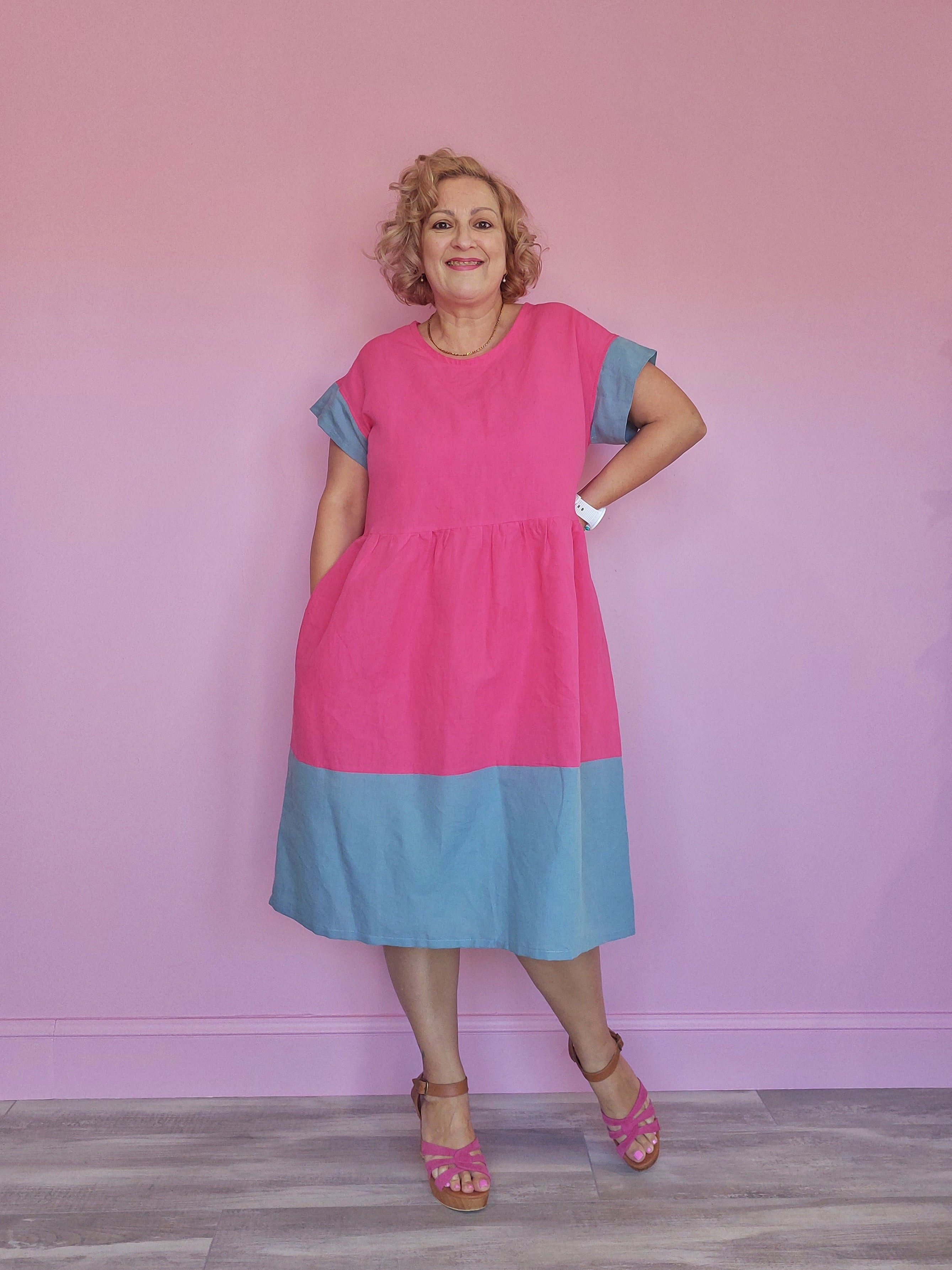 Nelly Wade Colour Block Dress in Hot Pink & Duck Egg Blue