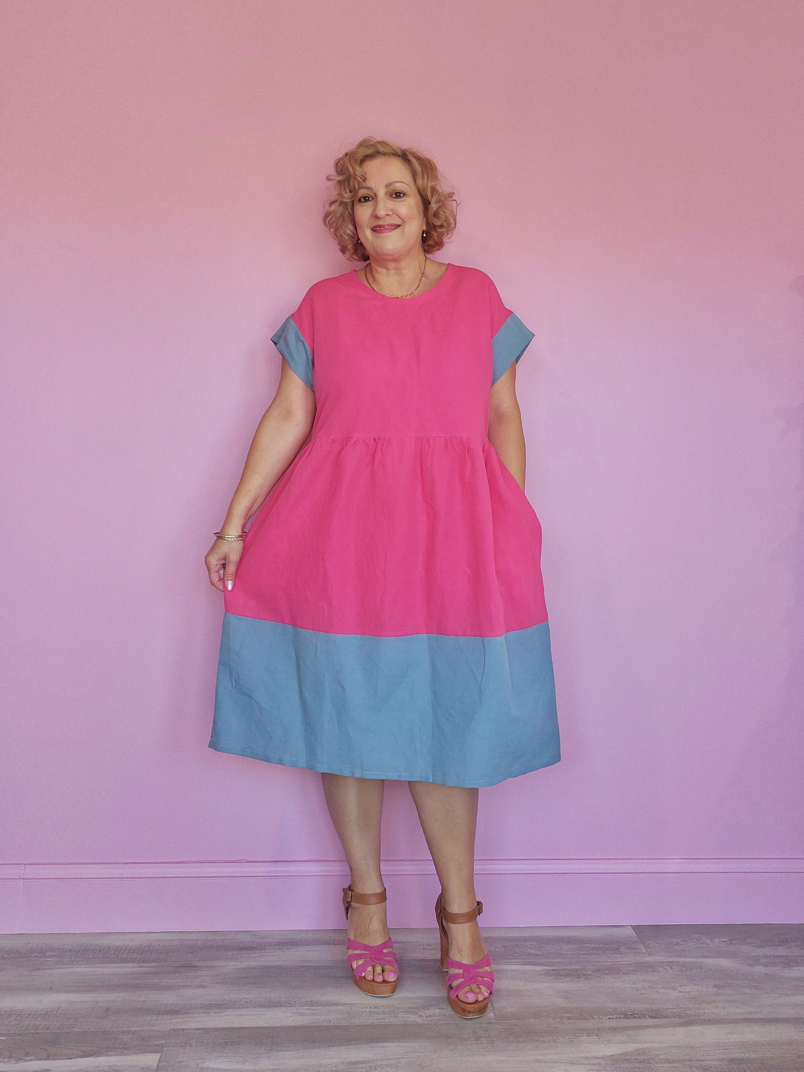 Nelly Wade Colour Block Dress in Hot Pink & Duck Egg Blue