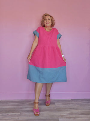 Nelly Wade Colour Block Dress in Hot Pink & Duck Egg Blue