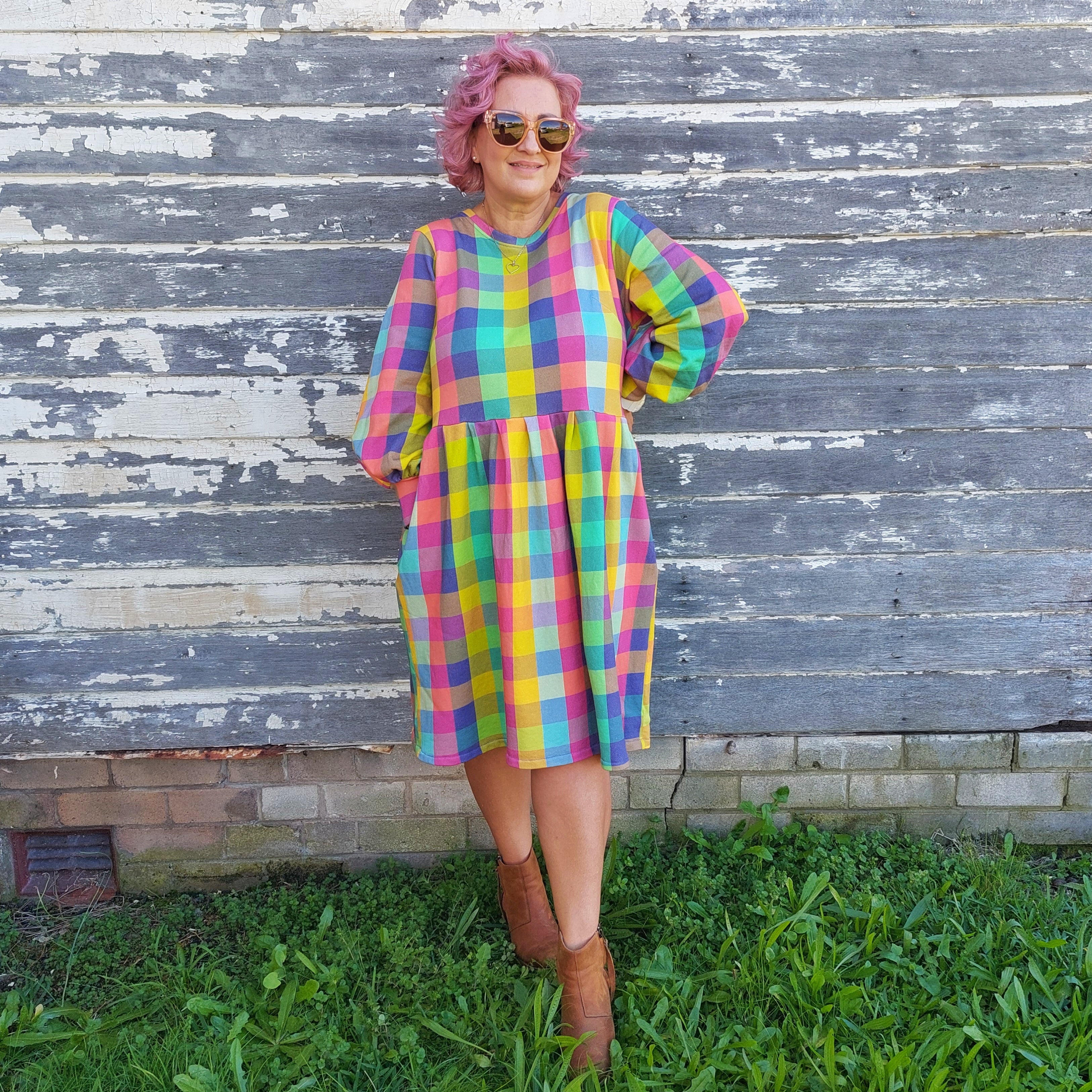Nelly Wade Long Sleeve Jersey Dress in Candy Gingham
