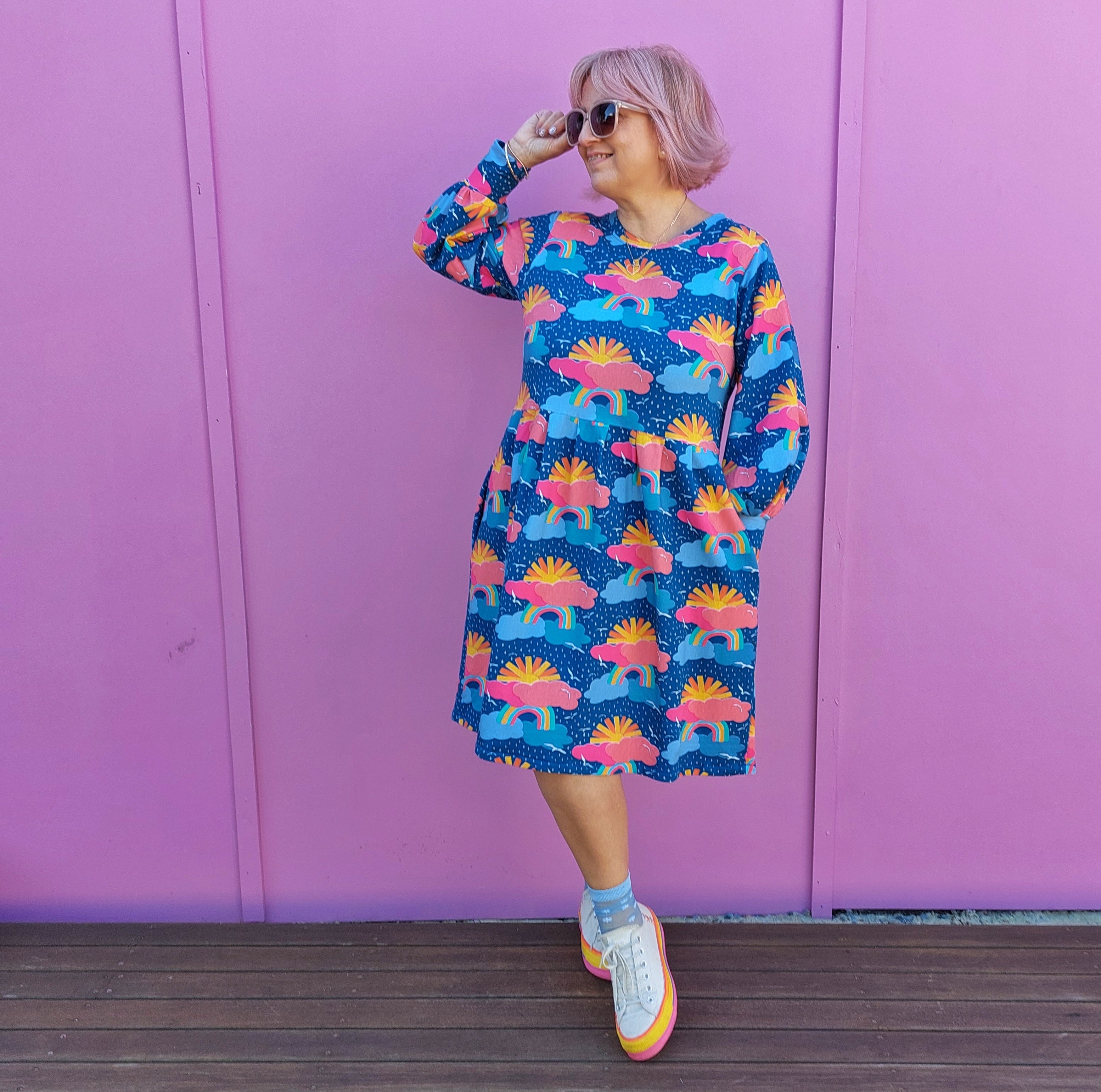 Nelly Wade Long Sleeve Jersey Dress in Sunshine on a Rainy Day