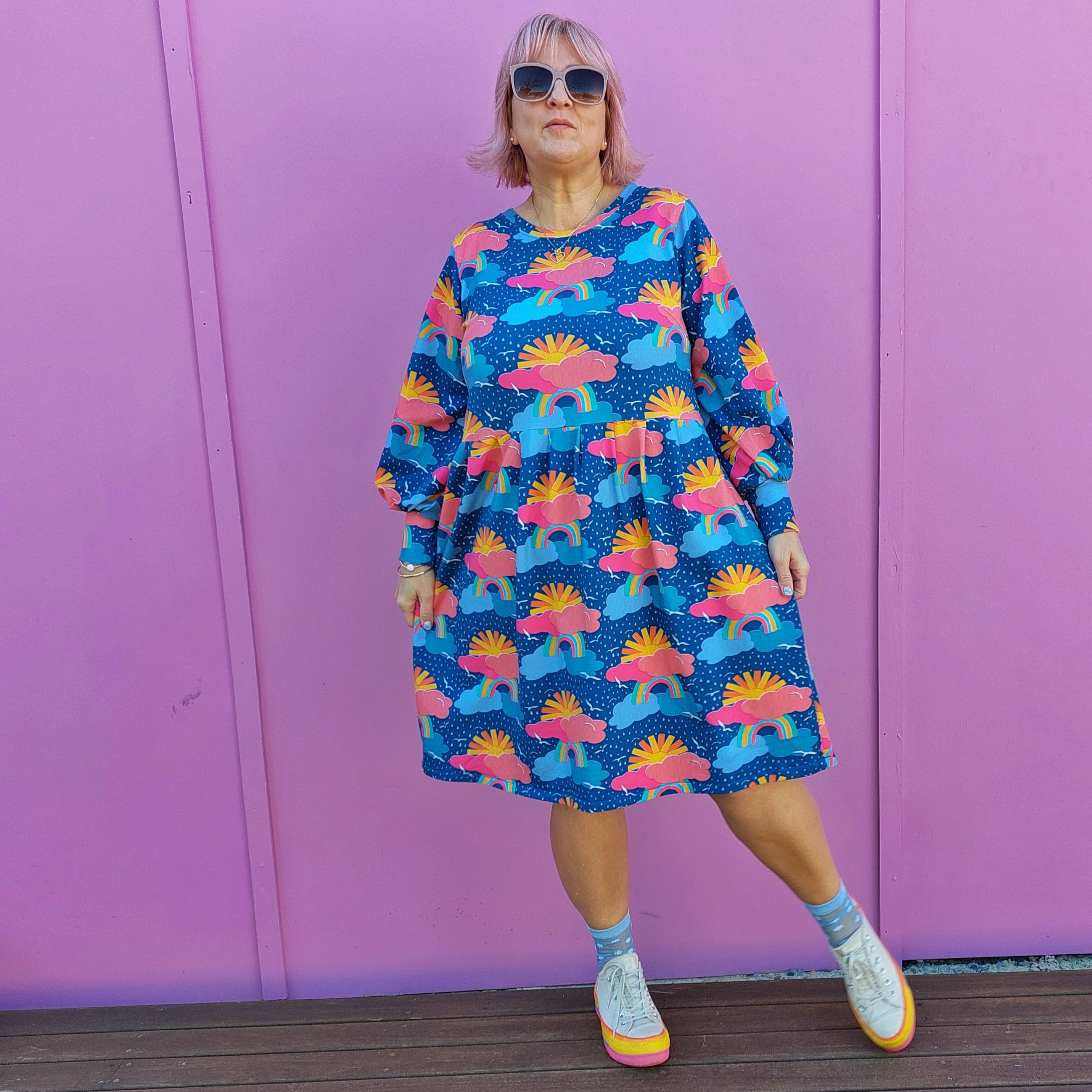 Nelly Wade Long Sleeve Jersey Dress in Sunshine on a Rainy Day