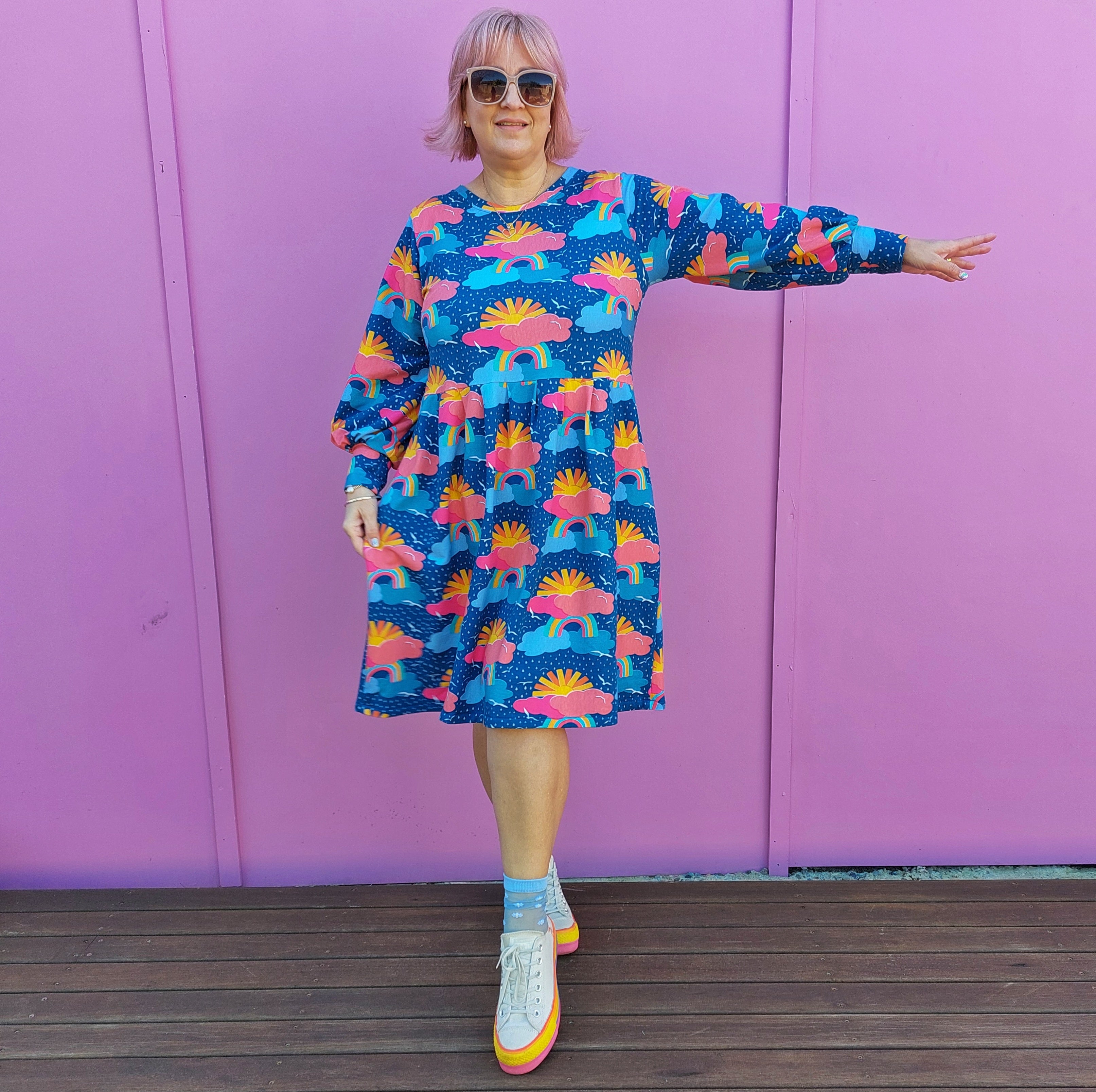 Nelly Wade Long Sleeve Jersey Dress in Sunshine on a Rainy Day