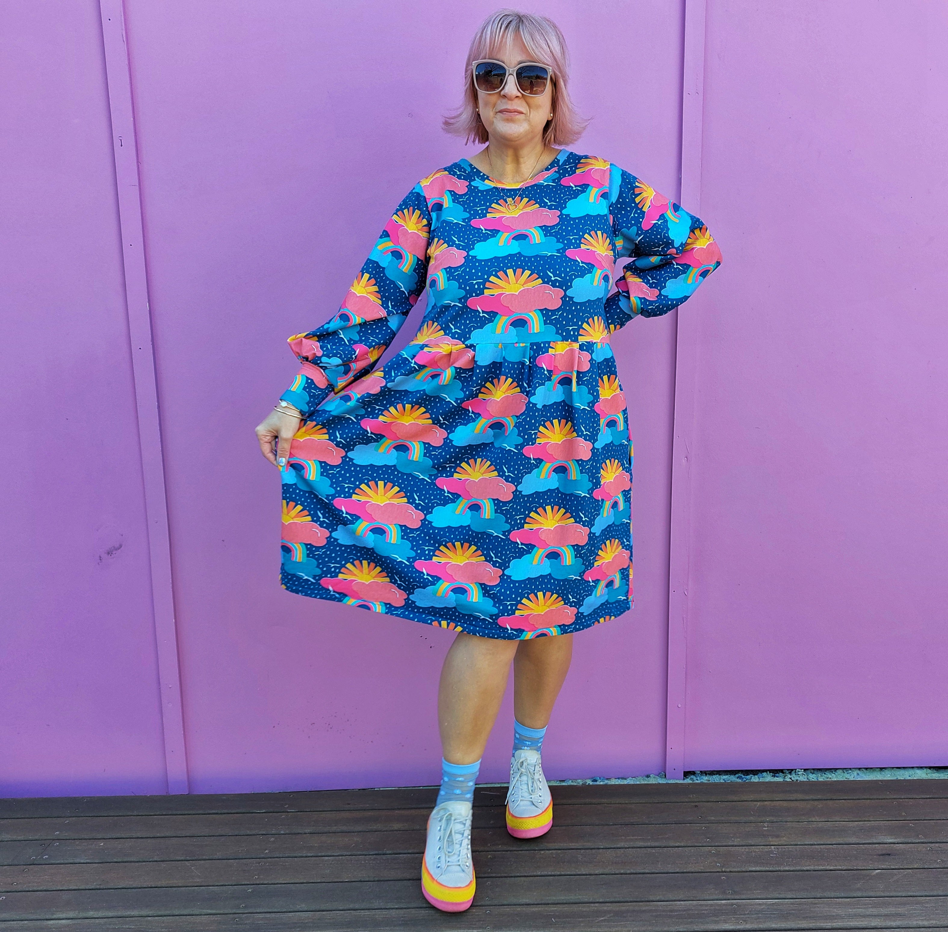 Nelly Wade Long Sleeve Jersey Dress in Sunshine on a Rainy Day