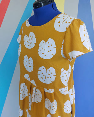 Nelly Dress (Size M) in Mustard Monstera. Sample Sale