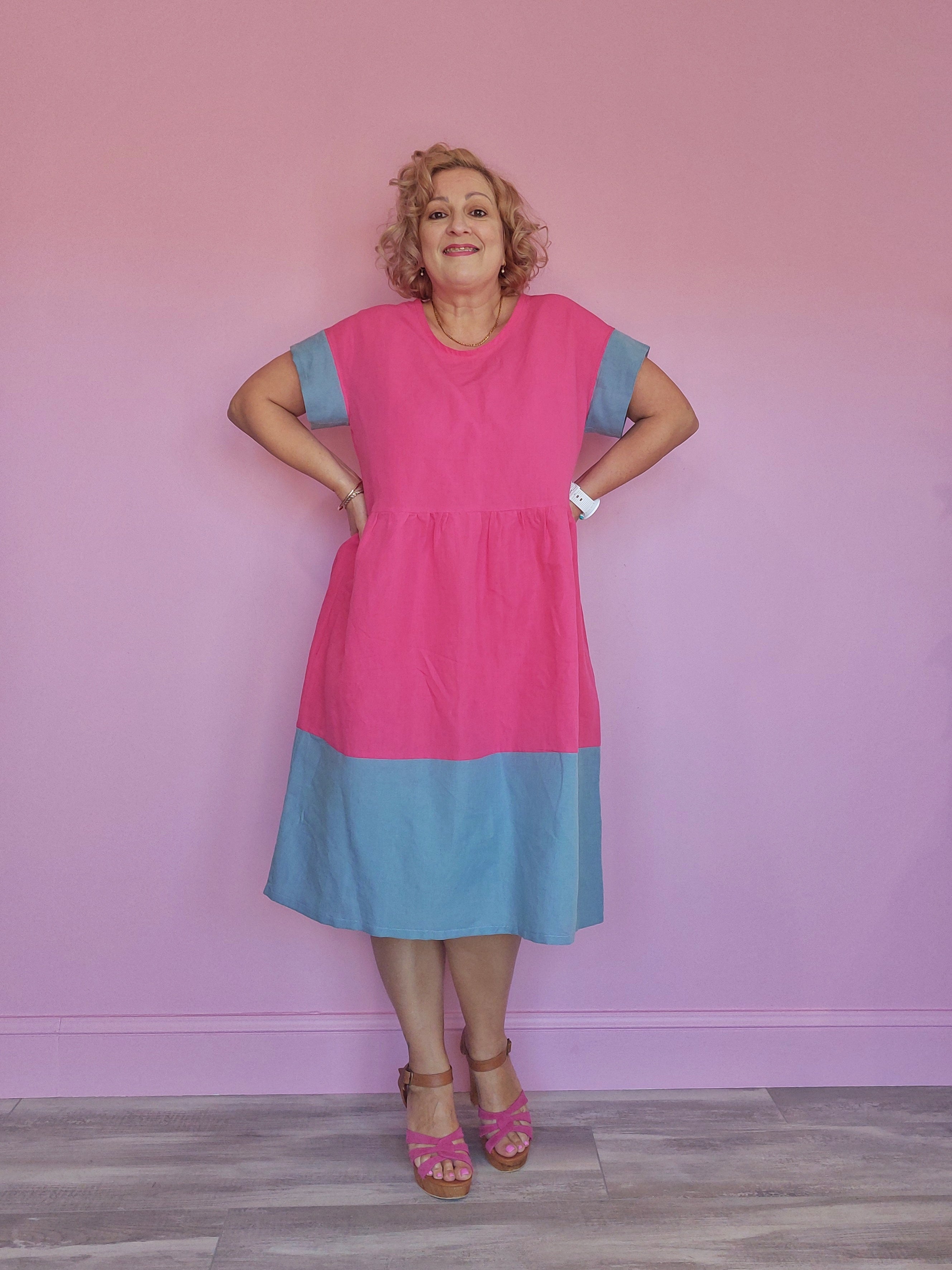 Nelly Wade Colour Block Dress in Hot Pink & Duck Egg Blue