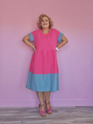 Nelly Wade Colour Block Dress in Hot Pink & Duck Egg Blue