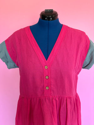 Nelly Button-up Colour Block Dress in Hot Pink & Duck Egg Blue Sample Sale