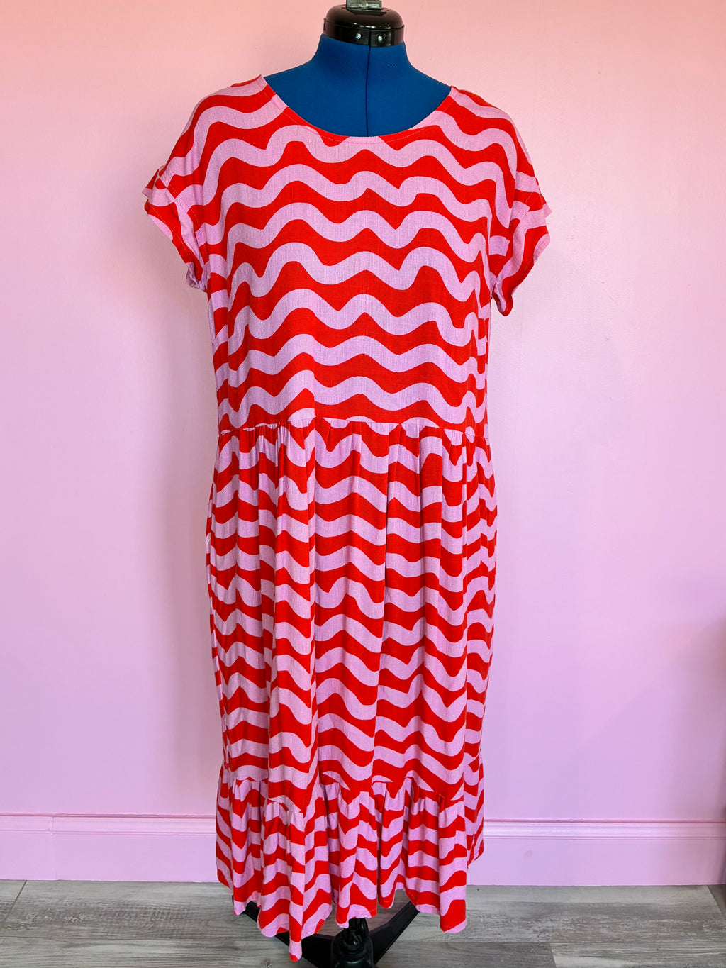 Nelly Midi Dress in Pink & Red Squiggles Size M Sample Sale